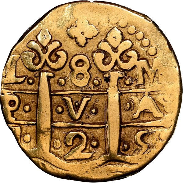 Lima, Peru, gold cob 8 escudos, 1725 M, (Louis I), rare, NGC XF details / removed from jewelry.