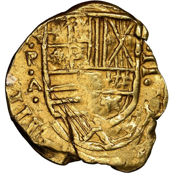 Bogota, Colombia, gold cob 2 escudos, (1636) A, one-year type with dots inside ringlets, NGC AU deta