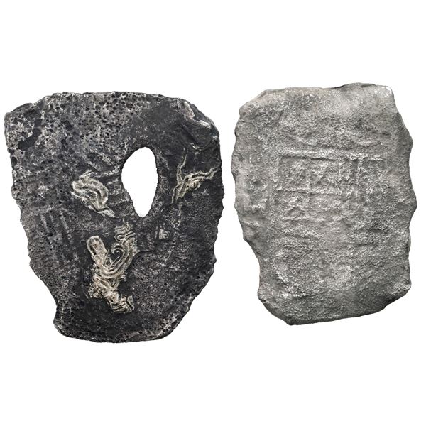 Lot of two Mexico City, Mexico, cob 8 reales, Philip IV, assayers not visible.