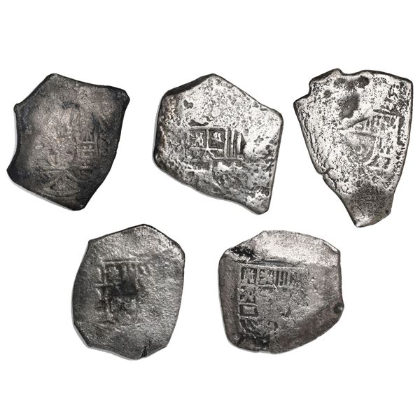 Lot of five Mexico City, Mexico, cob 8 reales, Philip V, assayers not visible.