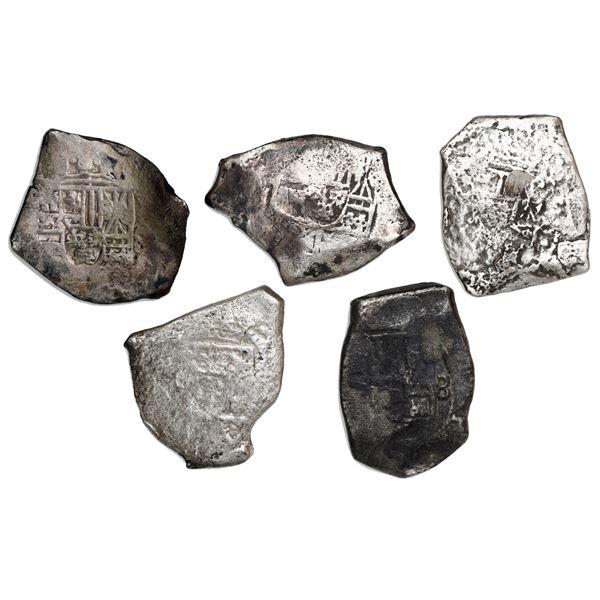 Lot of five Mexico City, Mexico, cob 8 reales, Philip V, assayers not visible.