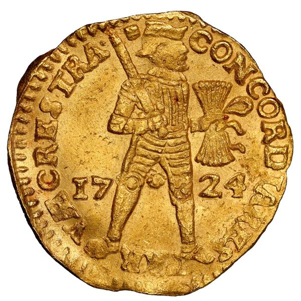 Utrecht, United Netherlands, gold ducat, 1724, NGC UNC details / bent.