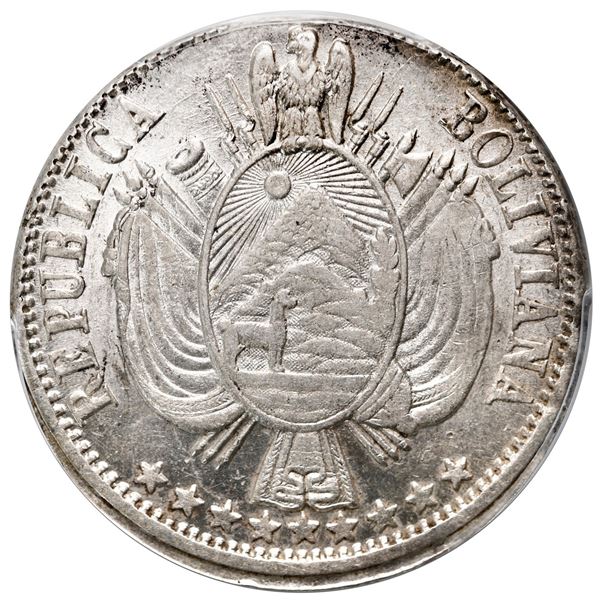 Potosi, Bolivia, 1 boliviano, 1865 FP, PCGS MS62, ex-Sedillot.