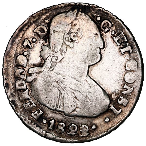 Pasto, Colombia, bust 2 reales, Ferdinand VII (bust of Charles IV), 1822 O, two dots between date an