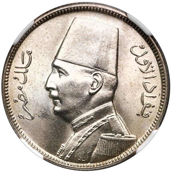 Egypt, 5 piastres, Fuad, AH1348 (1929), mintmark BP, NGC MS 64.