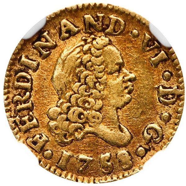 Madrid, Spain, gold bust 1/2 escudo, Ferdinand VI, 1758 JB, NGC VF 35.