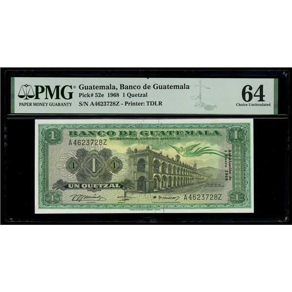 Guatemala, Banco de Guatemala, 1 quetzal, 3-1-1968, serial A4623728Z, PMG Choice UNC 64.