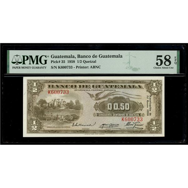 Guatemala, Banco de Guatemala, 1/2 quetzal, 22-1-1958, serial K600733, PMG Choice AU 58 EPQ.