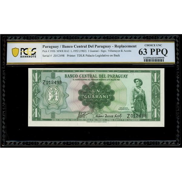Paraguay, Banco Central del Paraguay, 1 guarani replacement note, 25-3-1952, serial Z012498, PCGS Ch