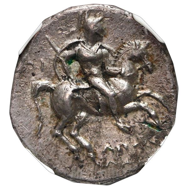 Calabria, Tarentum, AR didrachm, ca. 281-240 BC, "boy on dolphin," NGC AU, strike 4/5, surface 3/5.