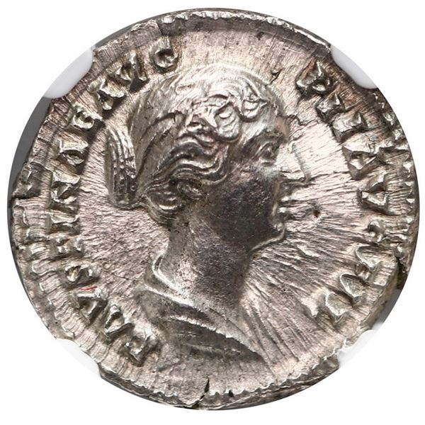 Roman Empire, AR denarius, Diva Faustina II, wife of Marcus Aurelius, 147-175/6 AD, NGC Ch AU, strik