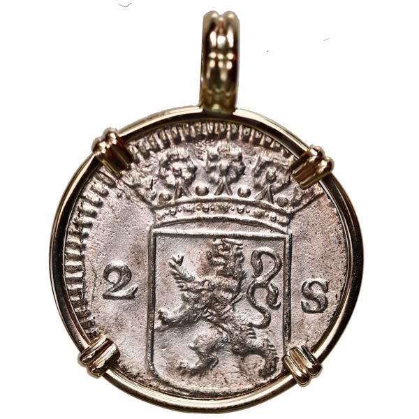 Holland, United Netherlands, 2 stuivers, 1724, ex-Akerendam (1725), mounted in 14K gold pendant with
