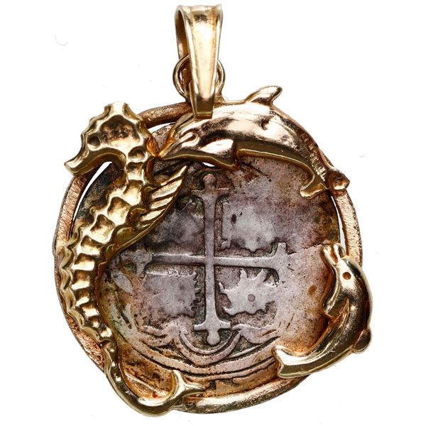 Mexico City, Mexico, cob 1 real, Philip II, assayer O to right, mounted cross-side out in 14K gold p