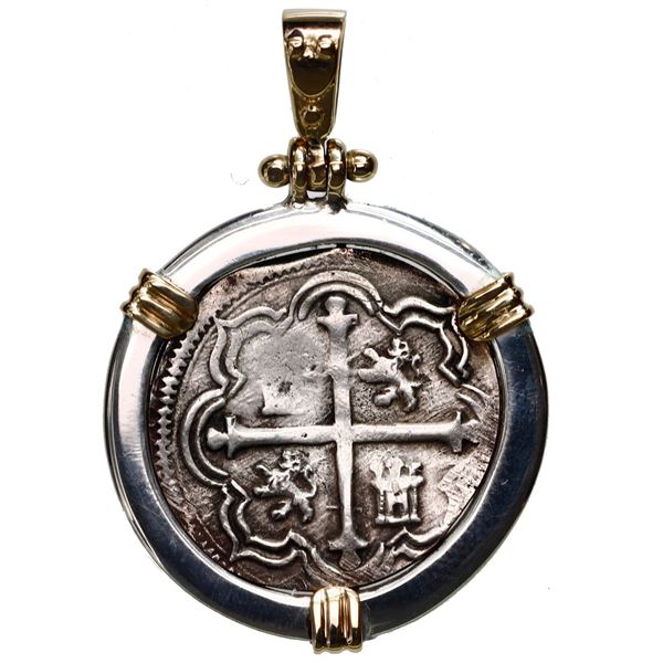 Mexico City, Mexico, cob 1 real, Philip III, assayer F, mounted cross-side out in heavy silver penda