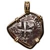 Image 1 : Potosi, Bolivia, cob 2 reales, 1754 C+q, mounted cross-side out in 14K gold pendant with fixed bail.