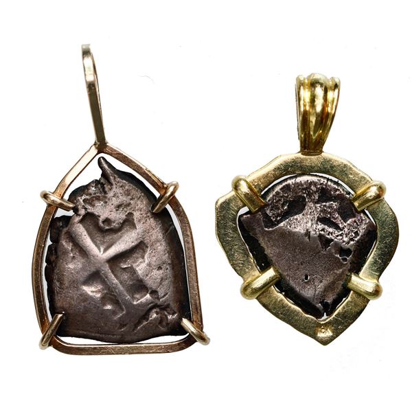 Lot of two Potosi, Bolivia, small cobs in gold pendants with fixed bails: 1R, Ferdinand VI, assayer