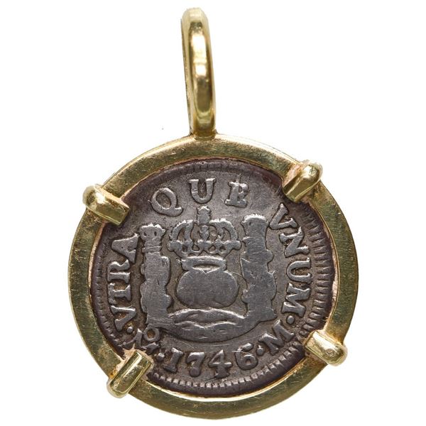 Mexico City, Mexico, pillar 1/2 real, Philip V, 1746 M, mounted in 18K gold pendant with fixed bail.