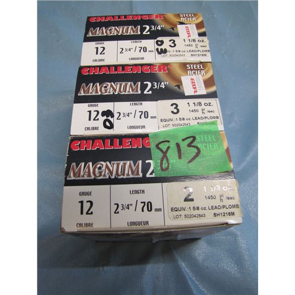 Lot of three boxes challenger magnum 12 gauge two and three quarter inch shotgun shells
