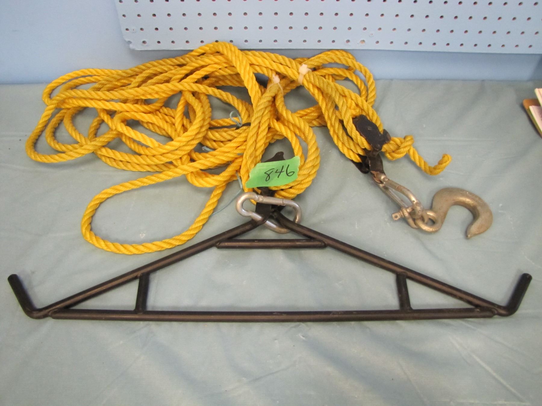 Game hanging gambrel with block and tackle consignor says good to