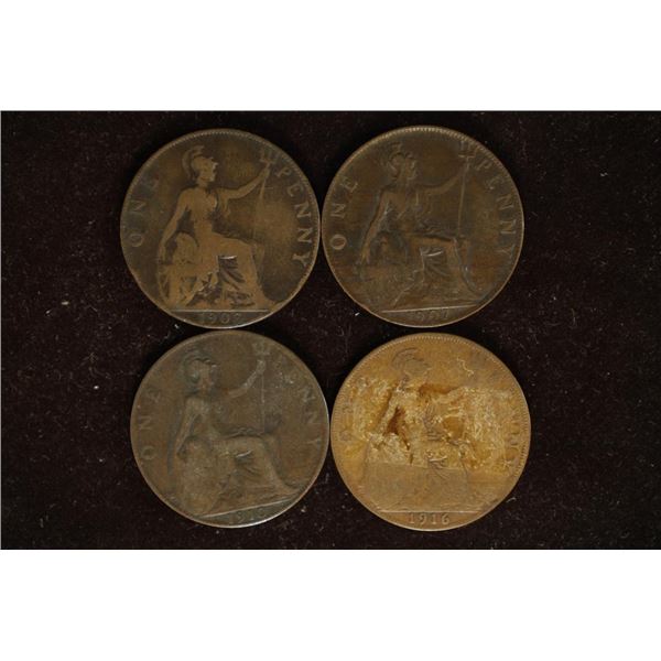 1903,1907,1910&1916 GREAT BRITIAN ONE PENNY COINS
