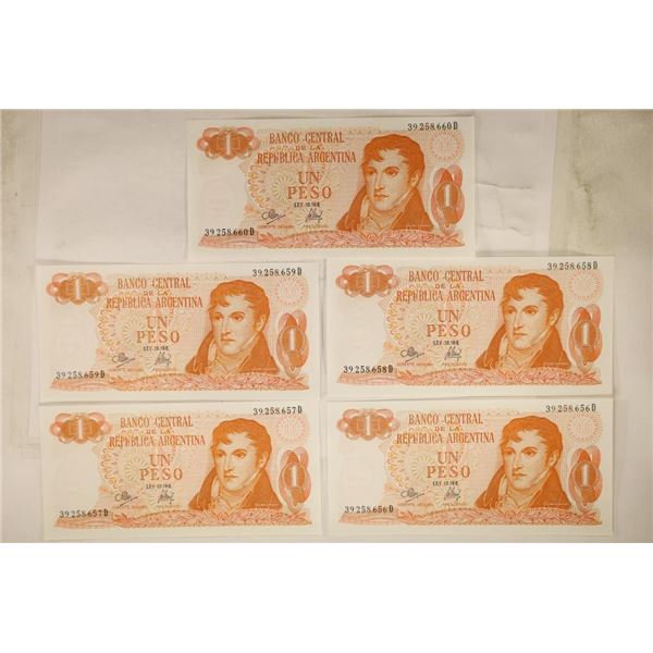 5-CENTRAL BANK OF ARGENTINA 1 PESO CRISP UNC BILLS