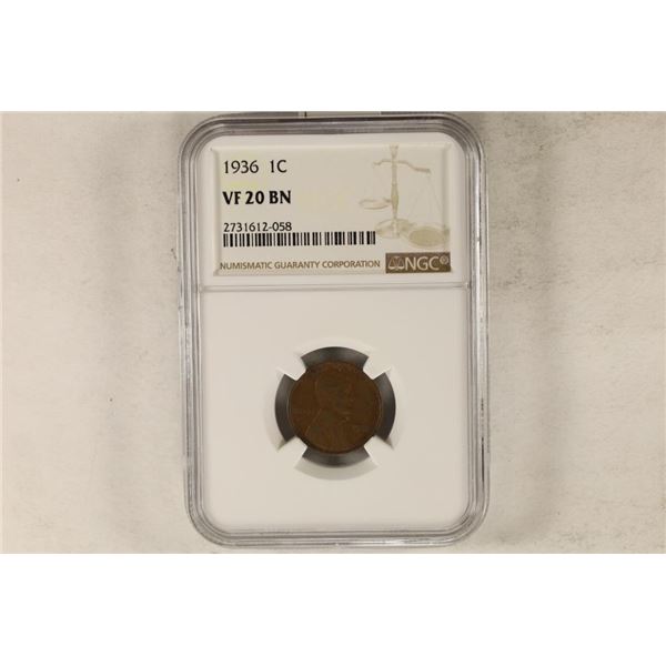 1936 LINCOLN CENT NGC VERY FINE 20 BN