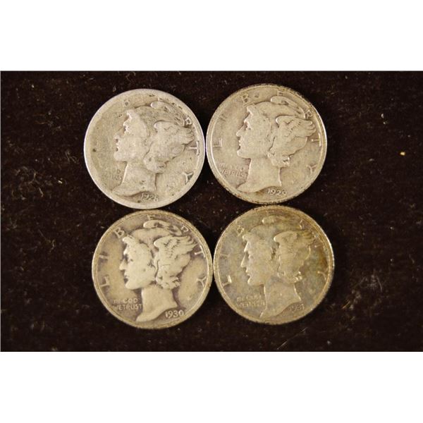 1928-S,1929-S,1930 & 1931 SILVER MERCURY DIMES