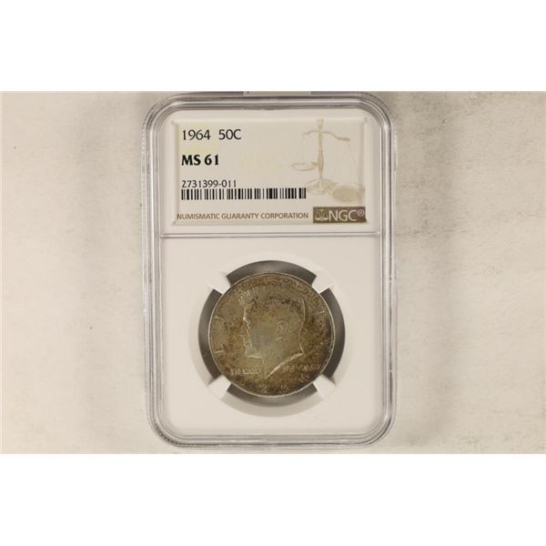 1964 SILVER KENNEDY HALF DOLLAR NGC MS61 WITH