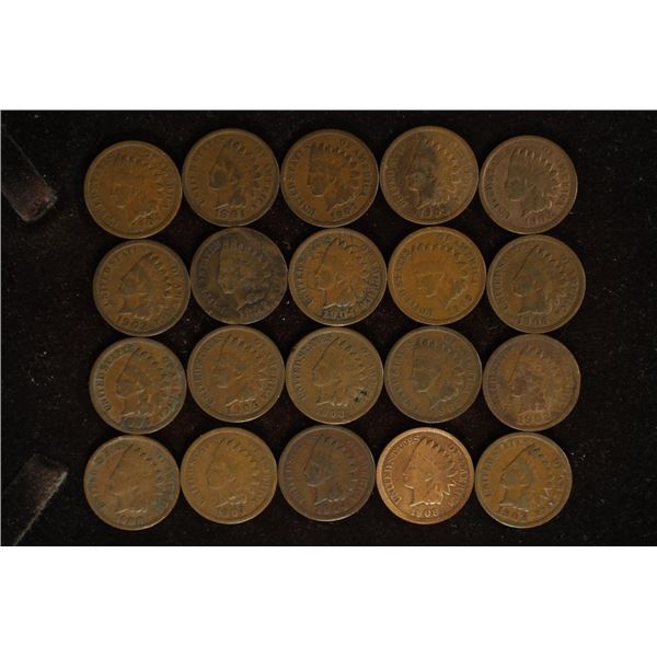 20 ASSORTED INDIAN HEAD CENTS: 1901-1908