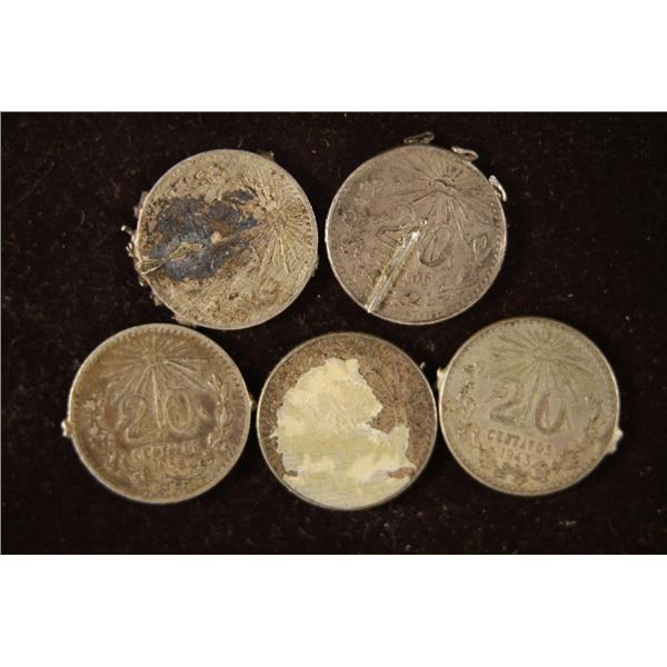 5 MEXICO SILVER 20 CENTAVOS 1933-1943 COINS.
