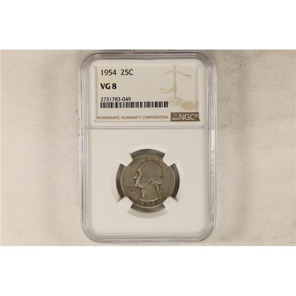 1954 WASHINGTON SILVER QUARTER NGC VERY GOOD 8