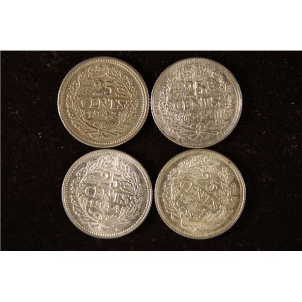 1943 & 3-1944 SILVER NEDERLANDS 25 CENT COINS