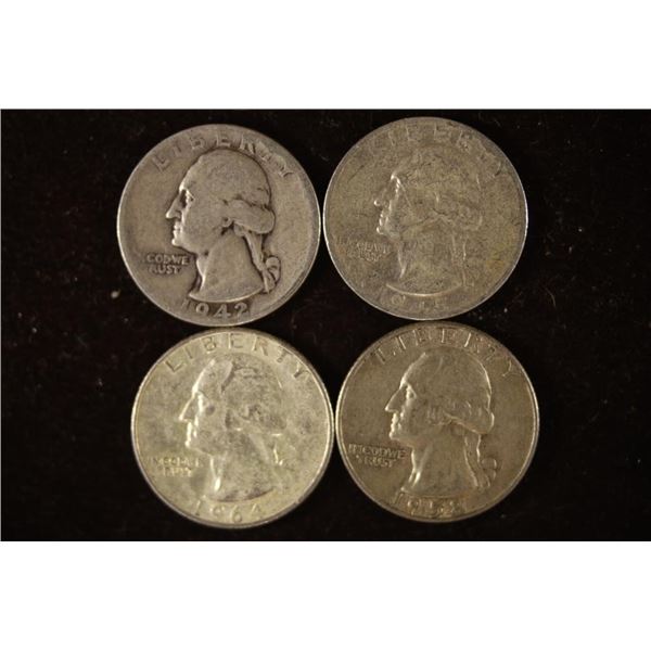 1942, 1945-S, 1958-D & 1964 WASHINGTON SILVER 1/4S