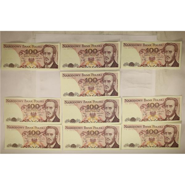 10 POLISH 100 ZLOTYCH CRISP UNC BILLS. 1 SET OF 3