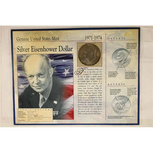 1972-S IKE SILVER DOLLAR ON INFORMATIONAL DISPLAY