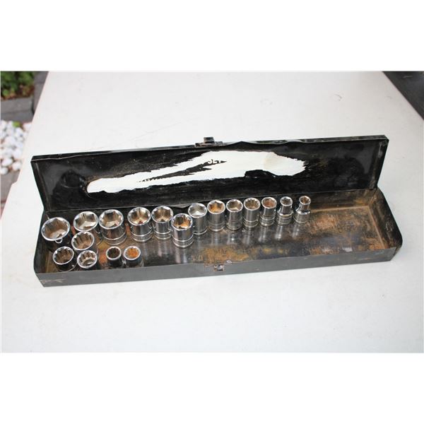 Socket set various sizes with metal box
