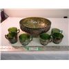 Image 1 : (1) Large + (6) Small - green carnival glass bowl + cups