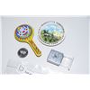 Image 1 : Zippo magnifying glass, tin shaker toy, plate, souvenir coin
