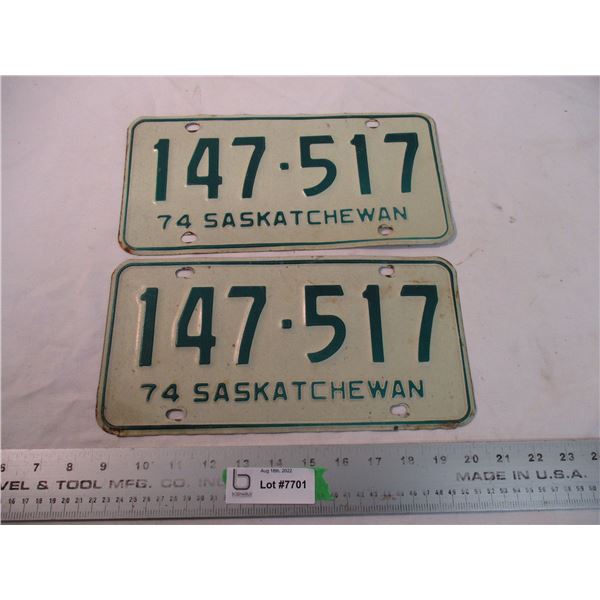 1974 (pair) Sask License Plates