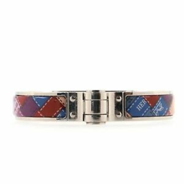 Hermes Silver Multicolor Enamel Print Hinged Thin Bracelet