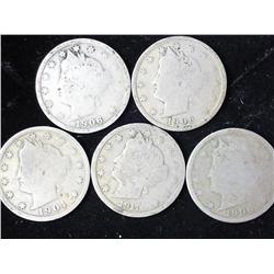 5 Assorted Liberty "V" Nickels