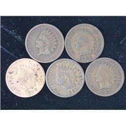 5 Assorted 1890's Indian Head Cents
