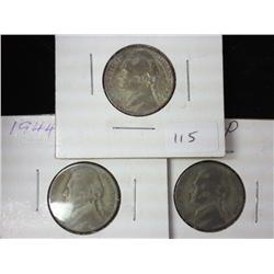 1943, 1944 And 1945 Jefferson War Nickels  Silver