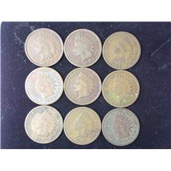 9 Assorted Indian Head Cents