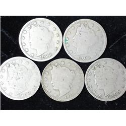 5 Assorted Liberty "V" Nickels