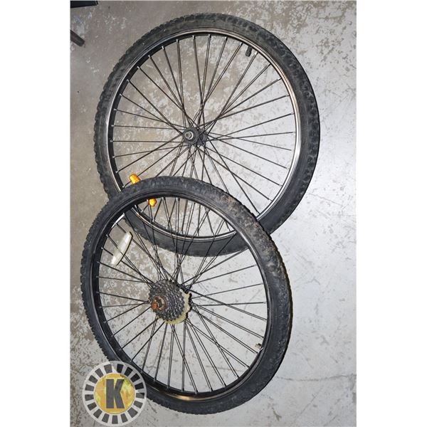 TWO BICYCLE TIRES ON RIMS (26" DIAMETER)