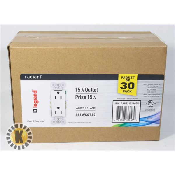 NEW 30 PACK CASE OF 15A OUTLETS