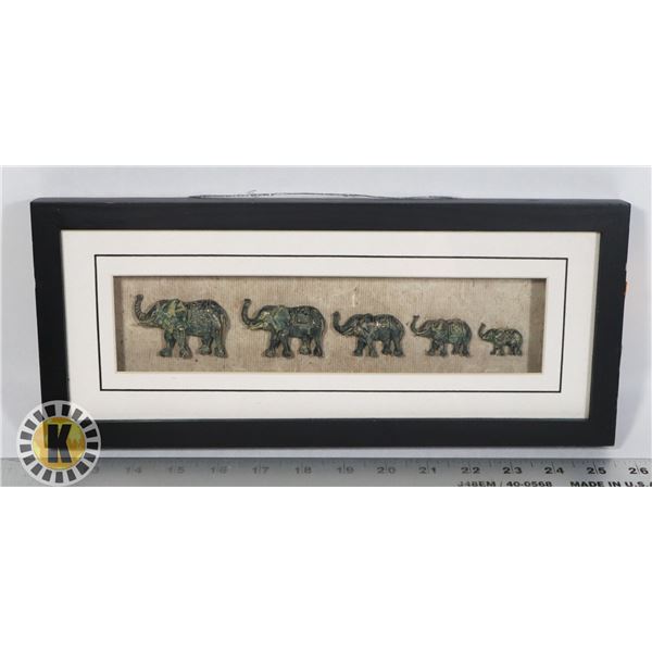 ELEPHANT FAMILY WALKING WOODEN FRAMED WALL PICTURE