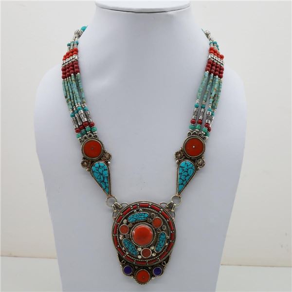 Tibet Hand Made Natural Turquoise & Coral Necklace