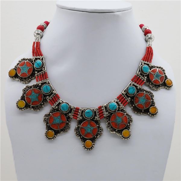 Tibet Hand Made Natural Turquoise & Coral Necklace